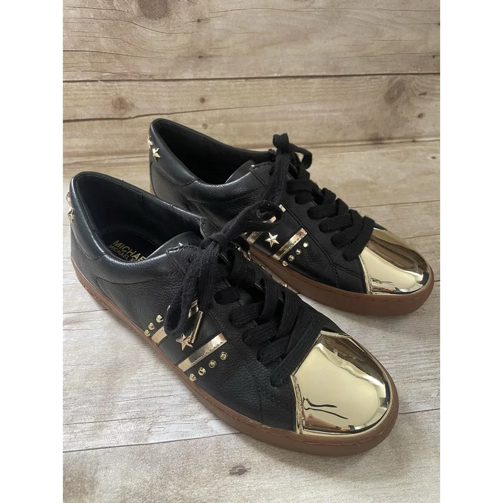Michael Kors‎ Frankie Stripe Black Gold Leather Shoes Women Size 7